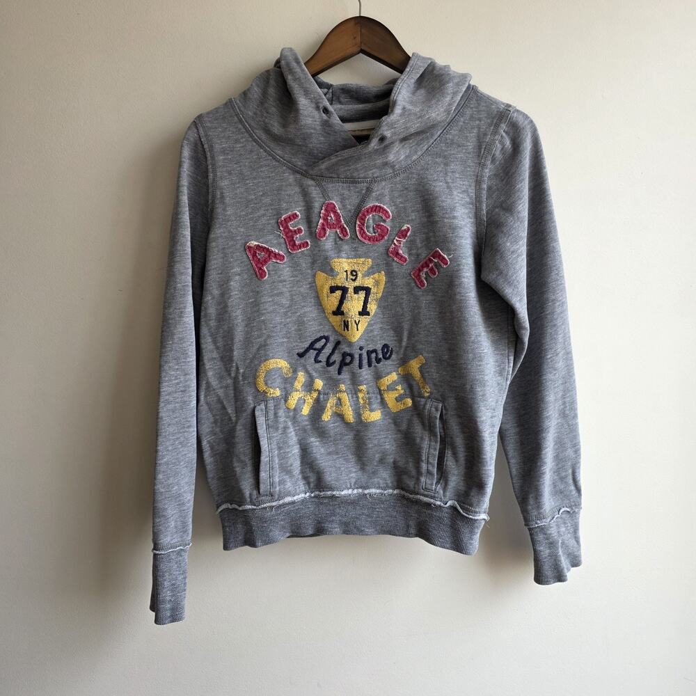 Y2K Style American Eagle Graphic Hoodie Sweatshirt‎ 87 Patch 3D Logo Grey Medium